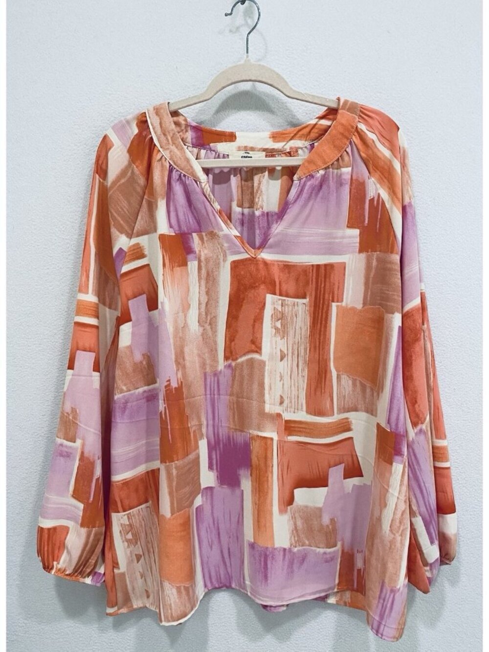 Entro Top Womens 1X Orange Watercolor Split Neck Balloon Sleeve Boho Peasant